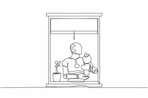 Single continuous line drawing robot holding newborn baby cyborg near window. Future technology development. Artificial intelligence and machine learning processes. One line design vector illustration