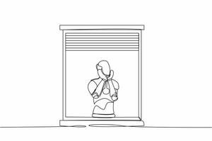 Continuous one line drawing robot sadly with support the chin near window. Coronavirus impact in tech business. Humanoid robot cybernetic organism. Single line draw design vector graphic illustration