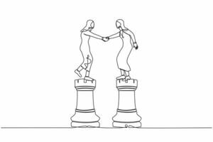 Single continuous line drawing Arab businesswoman shaking hand on rook chess. Negotiation skill to deal with competitor, agreement metaphor, partnership decision. One line design vector illustration