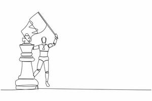 Continuous one line drawing robot waving flag on king chess piece metaphor of win competition. Humanoid robot cybernetic organism. Future robot development. Single line draw design vector illustration