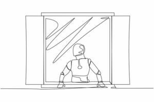 Single one line drawing curious robot looking outside window. Robot with a plant watching out the window. Artificial intelligence. Technology industry. Continuous line draw design vector illustration