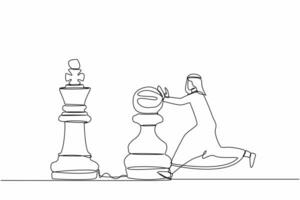 Continuous one line drawing intellect Arab businessman push huge pawn chess piece to beat king. Strategic thinking and smart move in business play game. Single line design vector graphic illustration