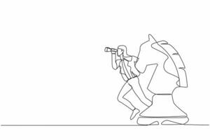 Single continuous line drawing businesswoman leader standing on horse chess piece using telescope to see business vision. Leader make decision or opportunity. One line draw design vector illustration