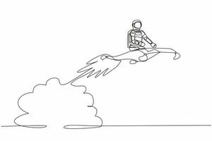 Single one line drawing of young astronaut riding magic carpet rocket flying in moon surface. Space exploration acceleration. Cosmic galaxy space concept. Modern continuous line design graphic vector