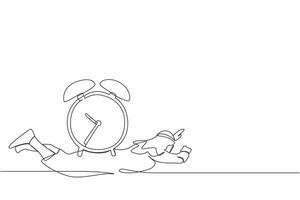 Continuous one line drawing of Arabian businessman under heavy alarm clock burden. Stressed employee with work pressure or business project target. Single line draw design vector graphic illustration