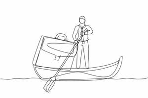 Single one line drawing businessman standing in boat and sailing with briefcase. Success male manager on summer vacation. Escape from routine. Continuous line draw design graphic vector illustration