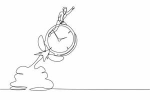 Single one line drawing businessman riding alarm clock rocket flying in the sky. Time management, manage to finish project with deadline, productivity. Continuous line draw design vector illustration