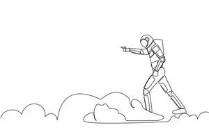 Single one line drawing young astronaut riding cloud on sky, pointing forward, go to future innovation of space industry. Cosmic galaxy space. Continuous line draw graphic design vector illustration