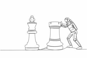 Single one line drawing astronaut push huge rook chess piece to take down king. Work hard to win satellite business competition. Cosmic galaxy space. Continuous line graphic design vector illustration