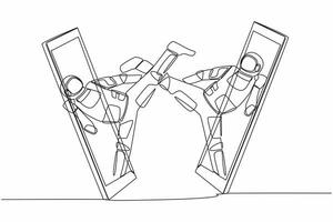 soltero uno línea dibujo dos joven astronauta kárate combatiente viene fuera desde teléfono inteligente Listo a lucha en Luna superficie. cósmico galaxia espacio. moderno continuo línea dibujar gráfico diseño vector ilustración