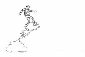 Single one line drawing young astronaut riding shield rocket flying in moon surface. Spaceship company protection and security. Cosmic galaxy space concept. Continuous line draw design graphic vector