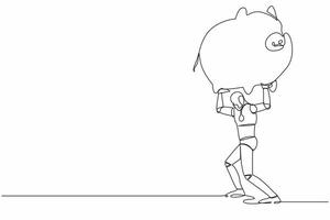 Continuous one line drawing tired robot carrying heavy piggy bank on his back. Broke and financial problems in tech industry. Future robotic development. Single line design vector graphic illustration