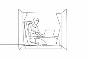 Continuous one line drawing Arab woman working from home near window with laptop. Active businesswoman sitting at desk. Remote work or home office. Single line draw design vector graphic illustration