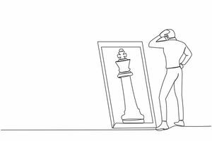 Single one line drawing businessman standing in front of mirror, reflecting chess king. Metaphor of confidence. Success business, opportunities. Continuous line draw design graphic vector illustration