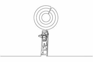 Continuous one line drawing of astronaut rises up stairs to top of target. Achieving spaceship expedition goal. Ladder to the sky. Cosmonaut outer space. Single line graphic design vector illustration