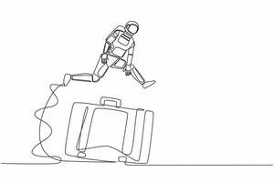 Single one line drawing young astronaut jump over big briefcase. Professional suitcase spaceman, data storage information. Cosmic galaxy space. Continuous line draw graphic design vector illustration