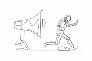 Single continuous line drawing young astronaut being chased by megaphone. Spaceman in loud screaming for mass communication in universe. Cosmonaut deep space. One line draw design vector illustration