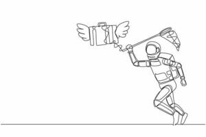Single one line drawing young astronaut try to catch flying briefcase with butterfly net. High work performance spaceship company. Cosmic galaxy space. Continuous line draw design vector illustration