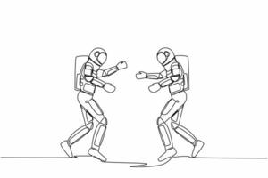 Single one line drawing two young astronaut running face to face while getting ready to hug. Break a happiness between two friends. Cosmic galaxy space. Continuous line draw design vector illustration