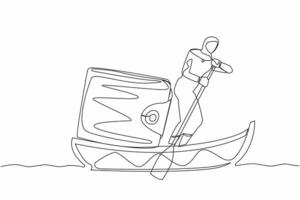 Continuous one line drawing Arab businesswoman standing in boat and sailing with purse. Money management for personal use. Financial planning at company. Single line design vector graphic illustration