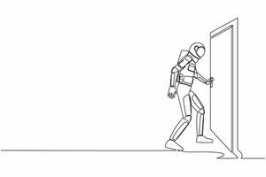 Single one line drawing young astronaut holding door knob in moon surface. Entering room in space company office building. Cosmic galaxy space. Continuous line draw graphic design vector illustration