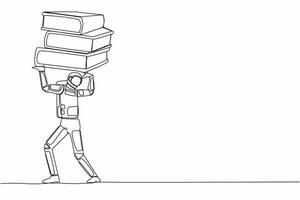 Single continuous line drawing astronaut carrying heavy pile paper folder on his back. Spaceship problem in database exploration. Cosmonaut deep space. One line draw design vector graphic illustration