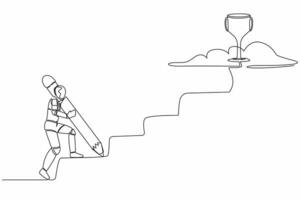 Single continuous line drawing of robot using huge pencil to draw stairs and walk climbing up to reach trophy. Robotic artificial intelligence. Technology industry. One line design vector illustration
