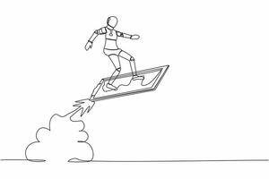 Single continuous line drawing robot riding clipboard rocket flying in sky. Analyze data of tech business. Future technology development. Artificial intelligence. One line design vector illustration