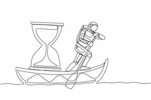 Single continuous line drawing young astronaut sailing away on boat with hourglass. Mission deadline in spaceship exploration. Cosmonaut deep space concept. One line graphic design vector illustration