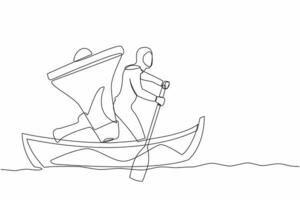 Single continuous line drawing Arabian businesswoman standing in boat and sailing with megaphone. Leader shout and motivating team to move forward for success. One line draw design vector illustration