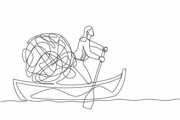 Single continuous line drawing businesswoman sailing away on boat with messy line. Stressed office worker escape from chaotic or anxiety minded. Mental health. One line draw design vector illustration
