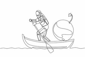 Single continuous line drawing astronaut sailing away on boat with bomb. Termination of space mission due to explosion world financial crisis. Cosmonaut deep space. One line design vector illustration