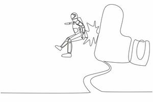 Continuous one line drawing young astronaut getting fired, flying through air after being kicked in the back in moon surface. Cosmonaut outer space. Single line draw graphic design vector illustration