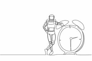 Single one line drawing young astronaut lean on big alarm clock in moon surface. Time management in space industry. Cosmic galaxy space concept. Continuous line draw graphic design vector illustration