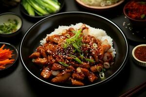 fried pork with korean sauce on dark table, AI Generative photo