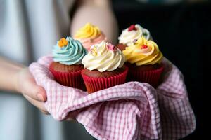 cupcakes on a kitchen towel, AI Generative photo