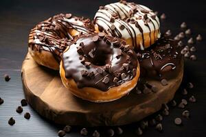 donuts topped with chocolate chips on a rustic surface, AI Generative photo