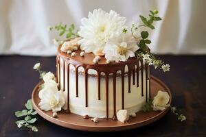 Delicious cake with white and brown chocolate swirly with flowers, AI Generative photo