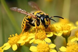 Closeup on the common wasp on a yellow flower, AI Generative photo
