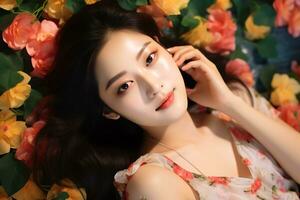 Beauty image of young asian woman summer concept, AI Generative photo