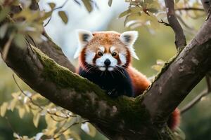 rojo panda sentado en parte superior de un árbol rama, ai generativo foto