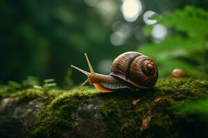 snail is walking on a mossy surface, ai generative photo