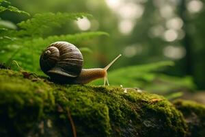 snail is walking on a mossy surface, ai generative photo