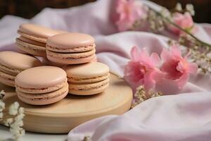 Closeup of the fresh sweet macaroons on the white fabric with decorative flowers, AI Generative photo