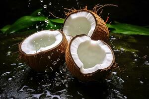 Fresh half break coconuts around on a stone, AI Generative photo