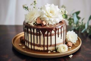 Delicious cake with white and brown chocolate swirly with flowers, AI Generative photo