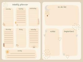 Pink vector weekly planner with boho elements hand drawn, notes, stationery organizer for daily plans, schedules