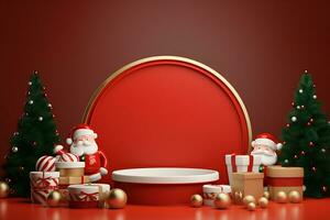 3d rendering merry christmas santa claus with podium for product display on background color, AI Generative photo