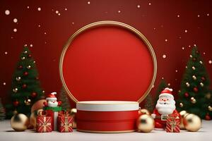 3d rendering merry christmas santa claus with podium for product display on background color, AI Generative photo