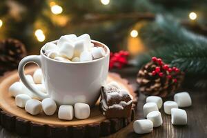 A cup of cocoa with marshmallows closeup on a blurred background, AI Generative photo